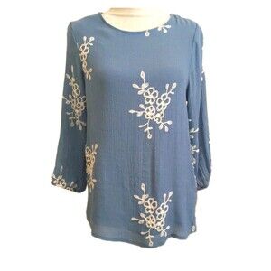 ANNELIEGE Women's Blouse Embroidered Cornflower Blue Tunic Lined Size M